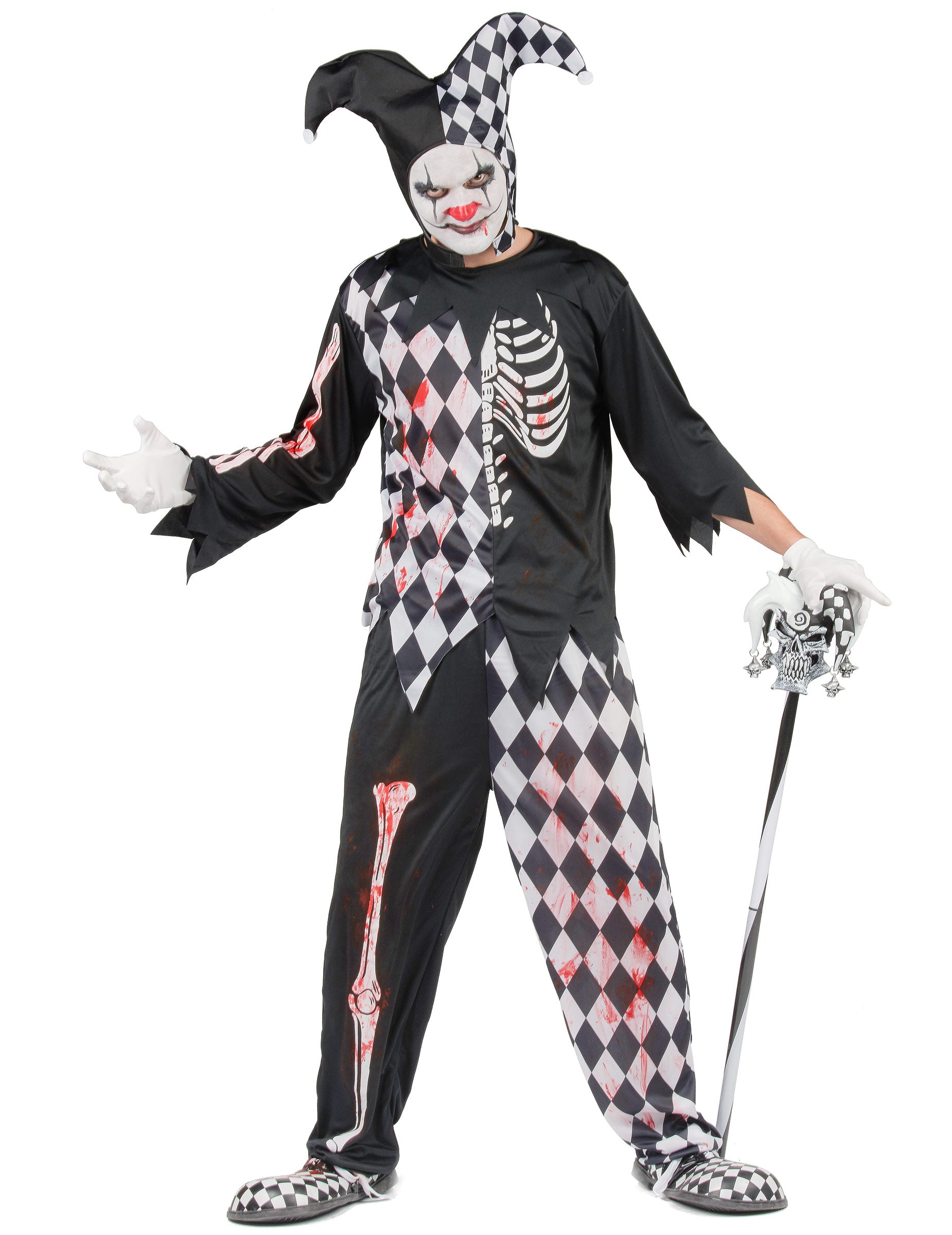 Déguisement arlequin ensanglanté pour homme noir et blanc avec motifs squelette