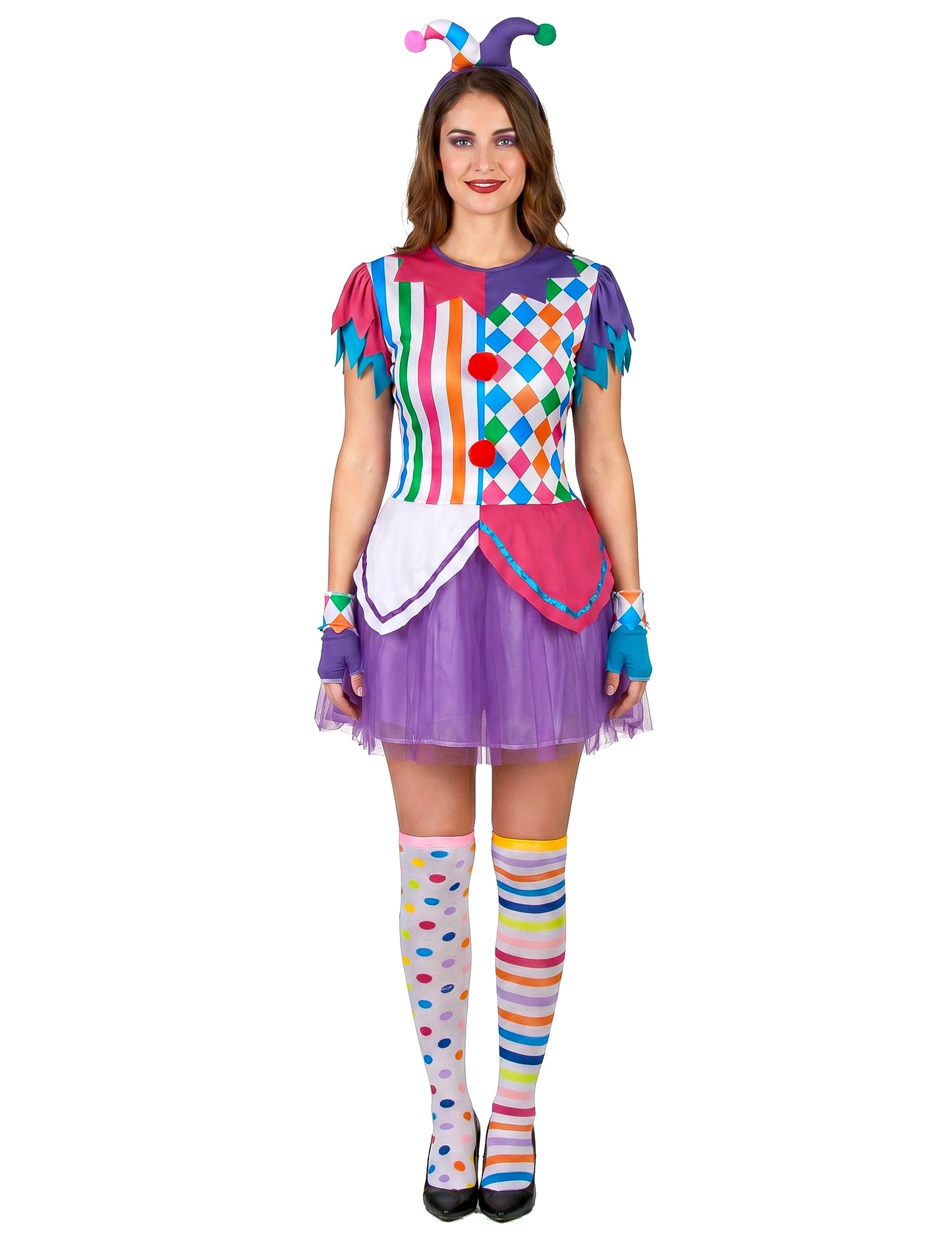 Déguisement arlequin pompons colorés femme