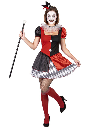 Déguisement arlequin rouge et noir femme