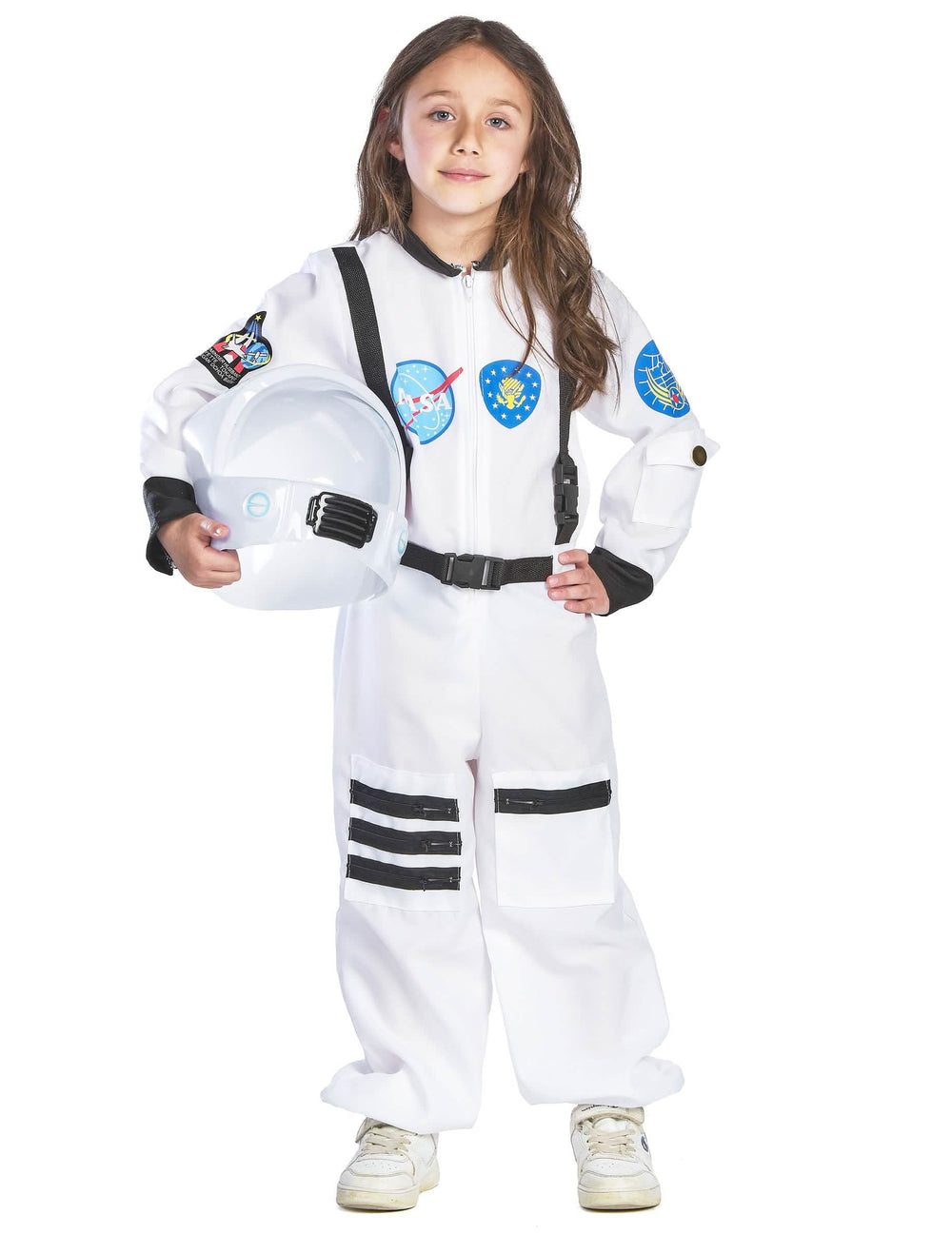 Vue de face avec le casque à la main du déguisement d'astronaute pour enfant