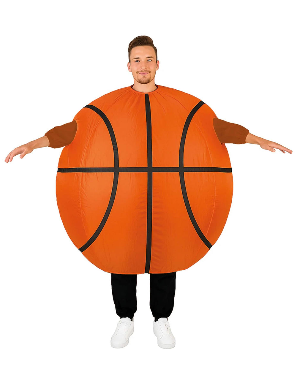 Vooraanzicht met de armen gespreid van het carry me basketbalballonkostuum