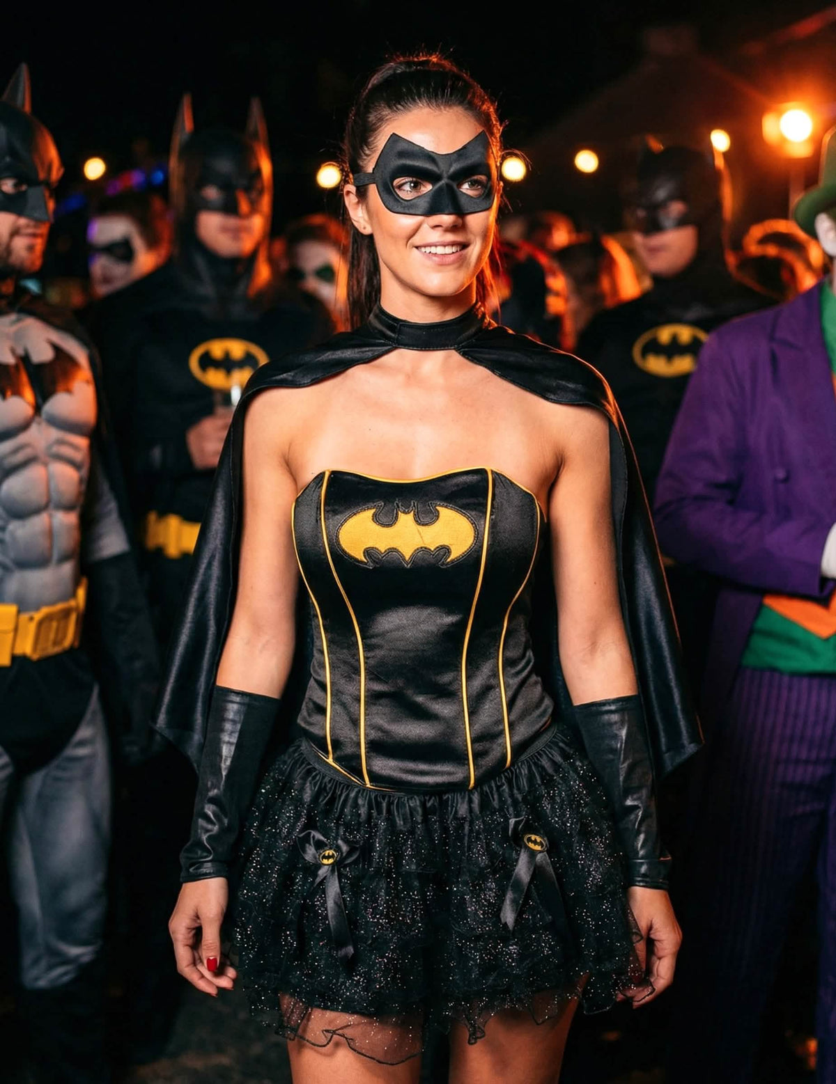 Mise en situation entourée de Batman du déguisement Batgirl™ sexy pour femme