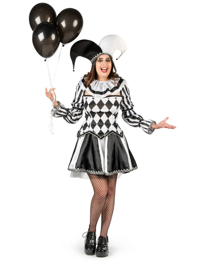 Déguisement bouffon diabolique noir et blanc femme