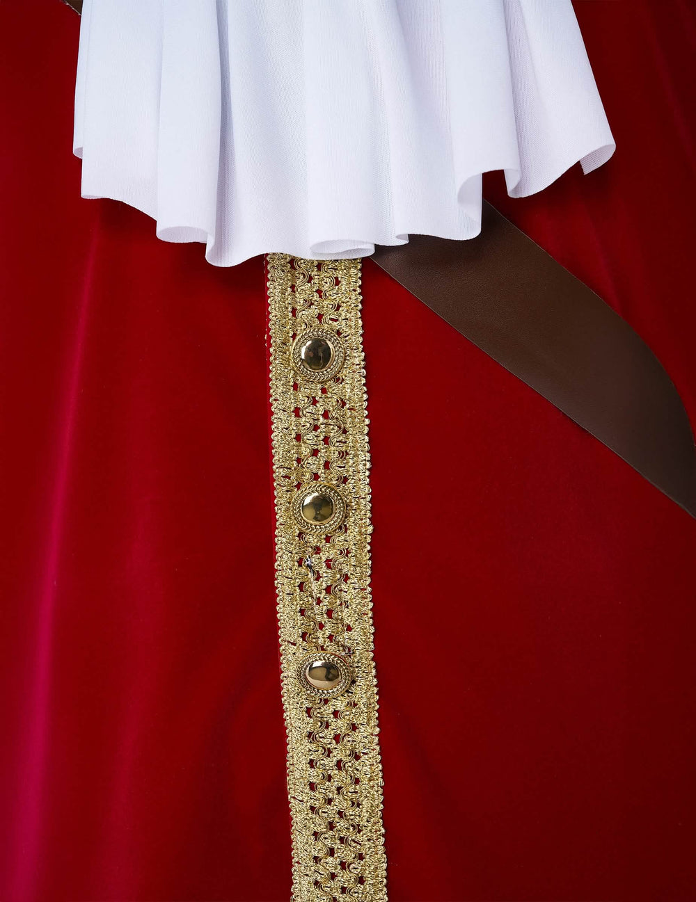 Détail du jabot et des galons dorés du déguisement de capitaine pirate à crochet luxe