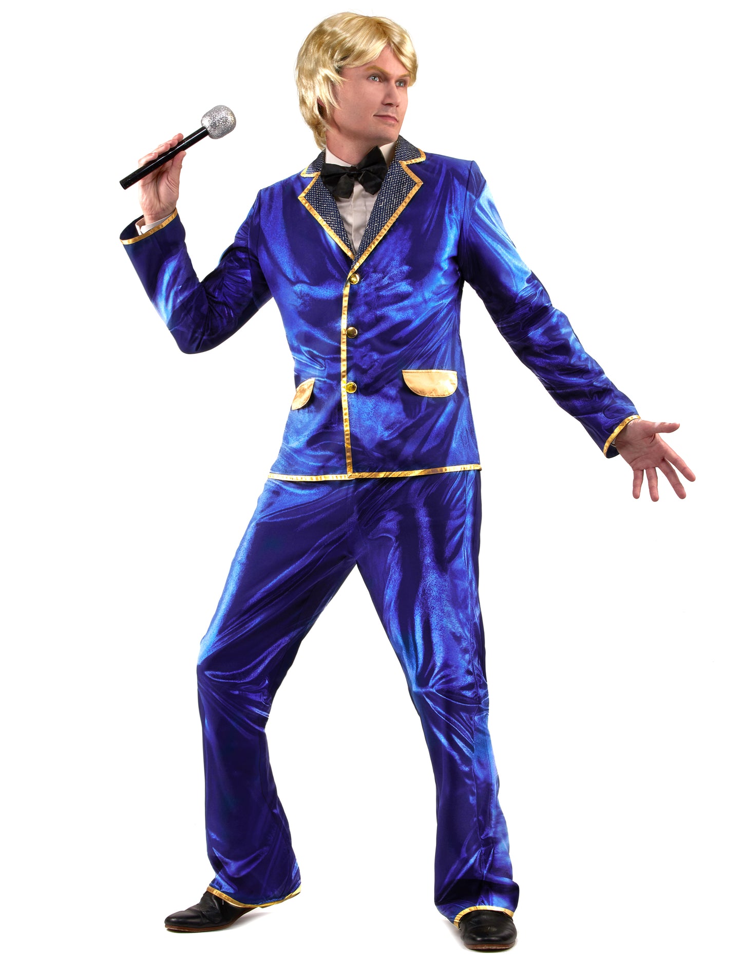 Déguisement chanteur disco pour homme bleu brillant avec liserés dorés