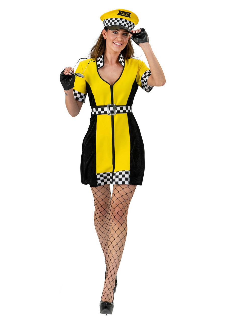 Déguisement de chauffeur de taxi pour femme jaune et noir avec casquette