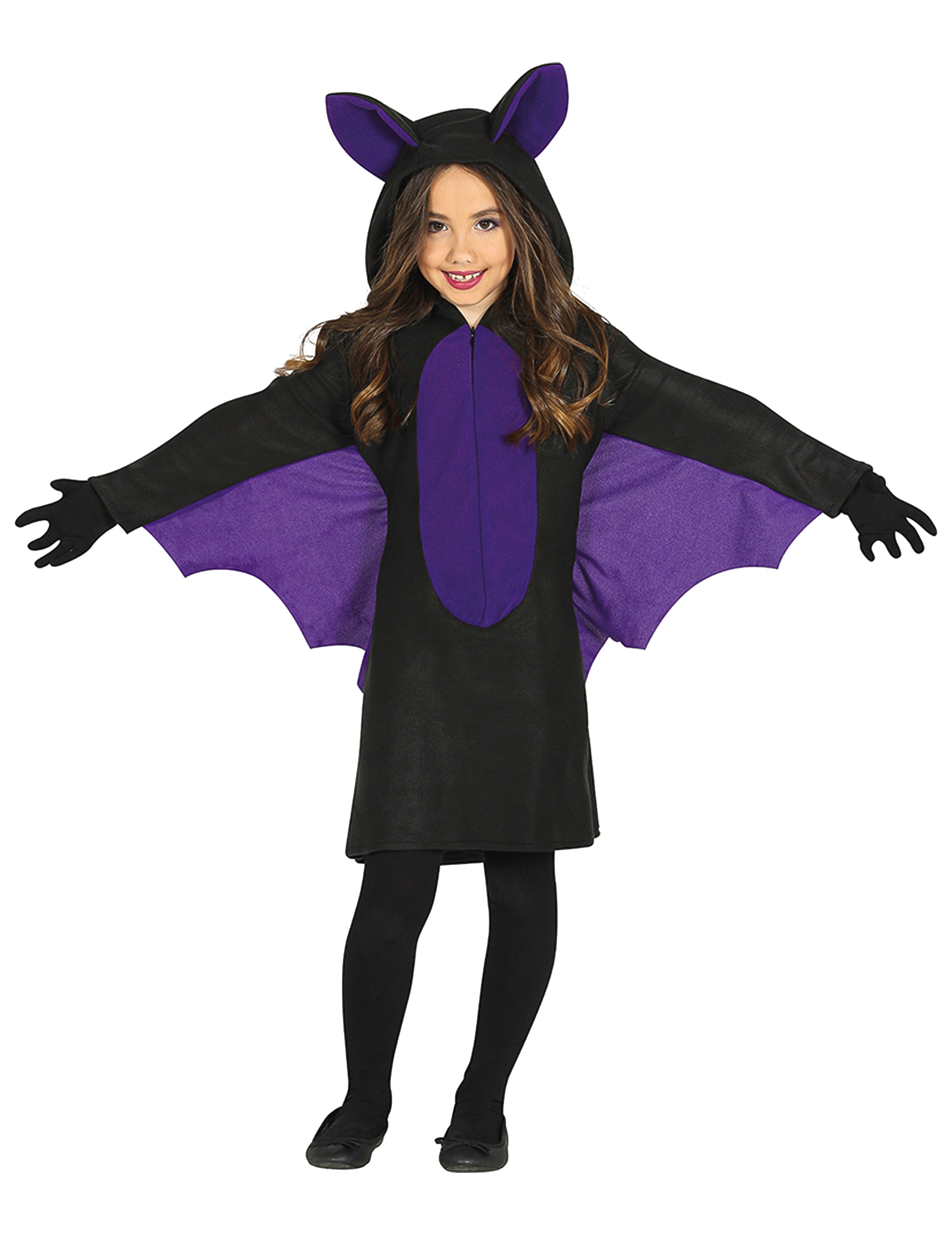 Déguisement de chauve-souris pour fille noir et violet avec ailes et capuche à oreilles