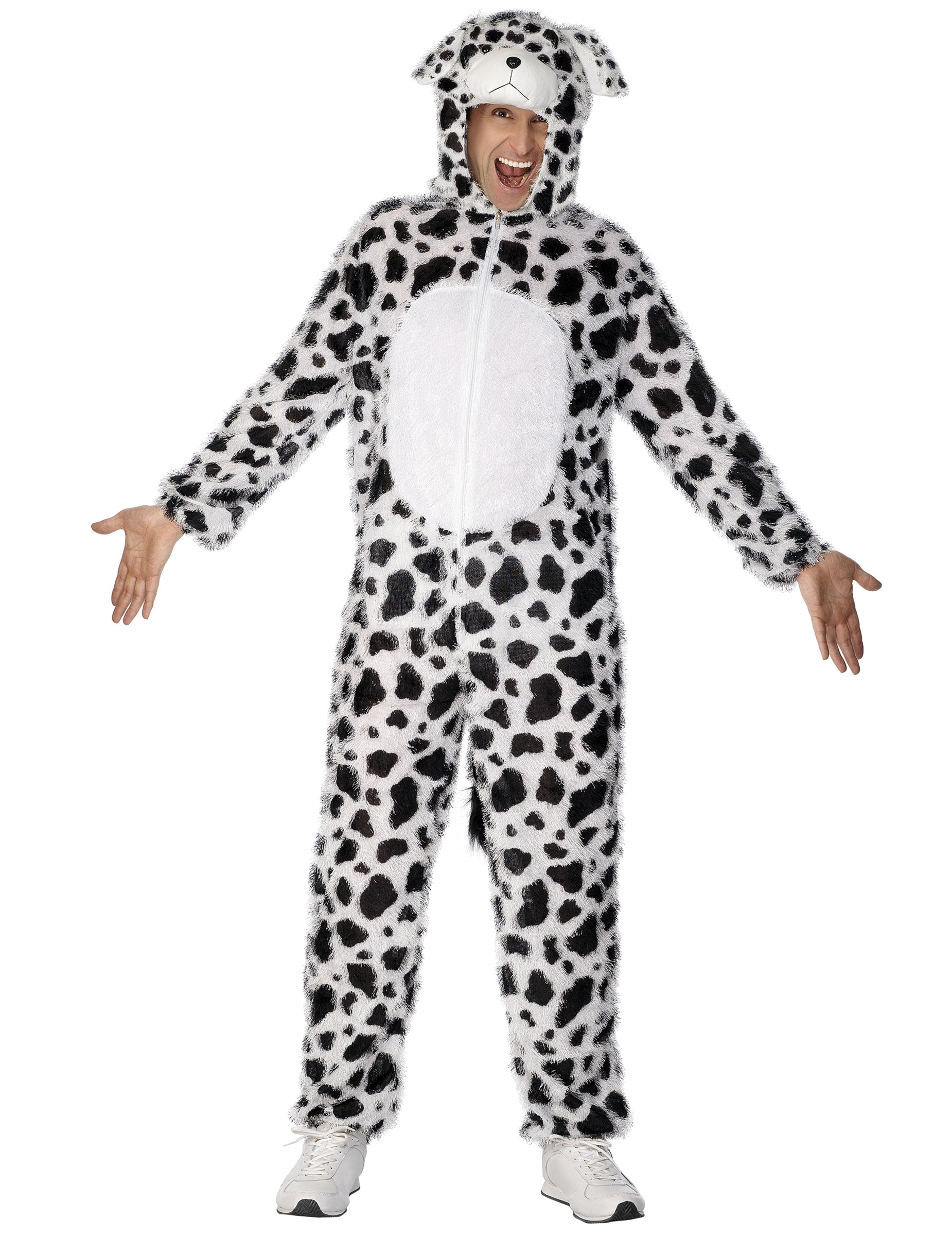 Déguisement de chien dalmatien pour adulte blanc à taches noires avec capuche à oreilles