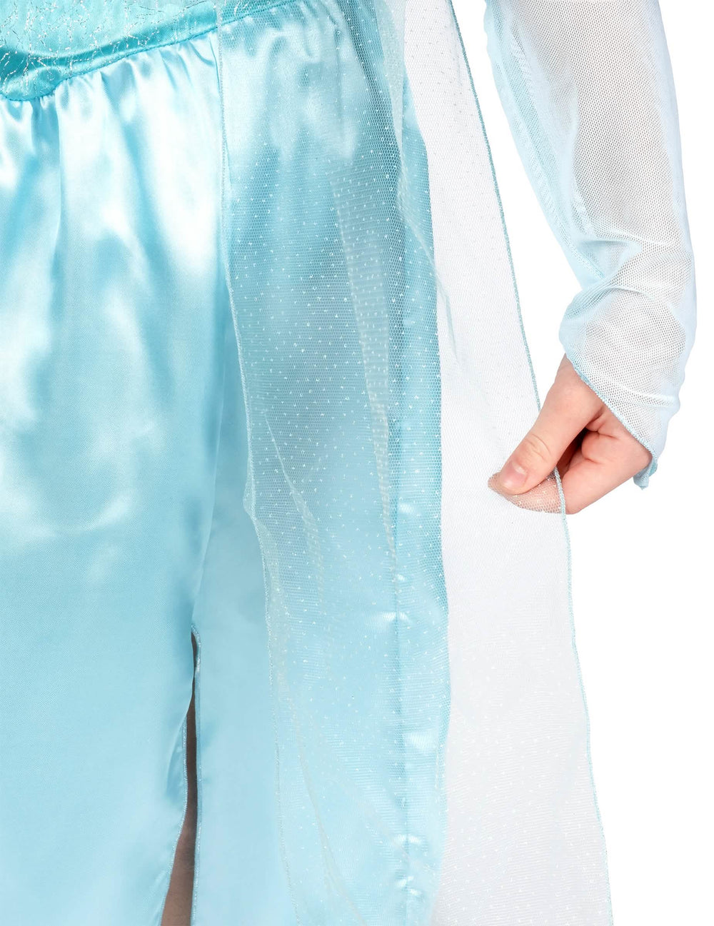 Détail du voile transparent à paillettes du déguisement classique Elsa la reine des neiges pour fille