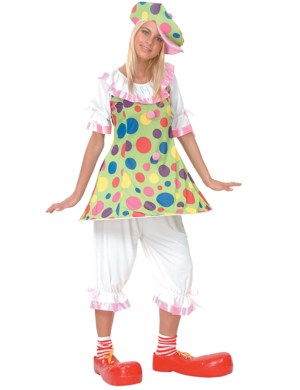 Déguisement de clown à pois colorés pour femme vert et blanc avec chapeau