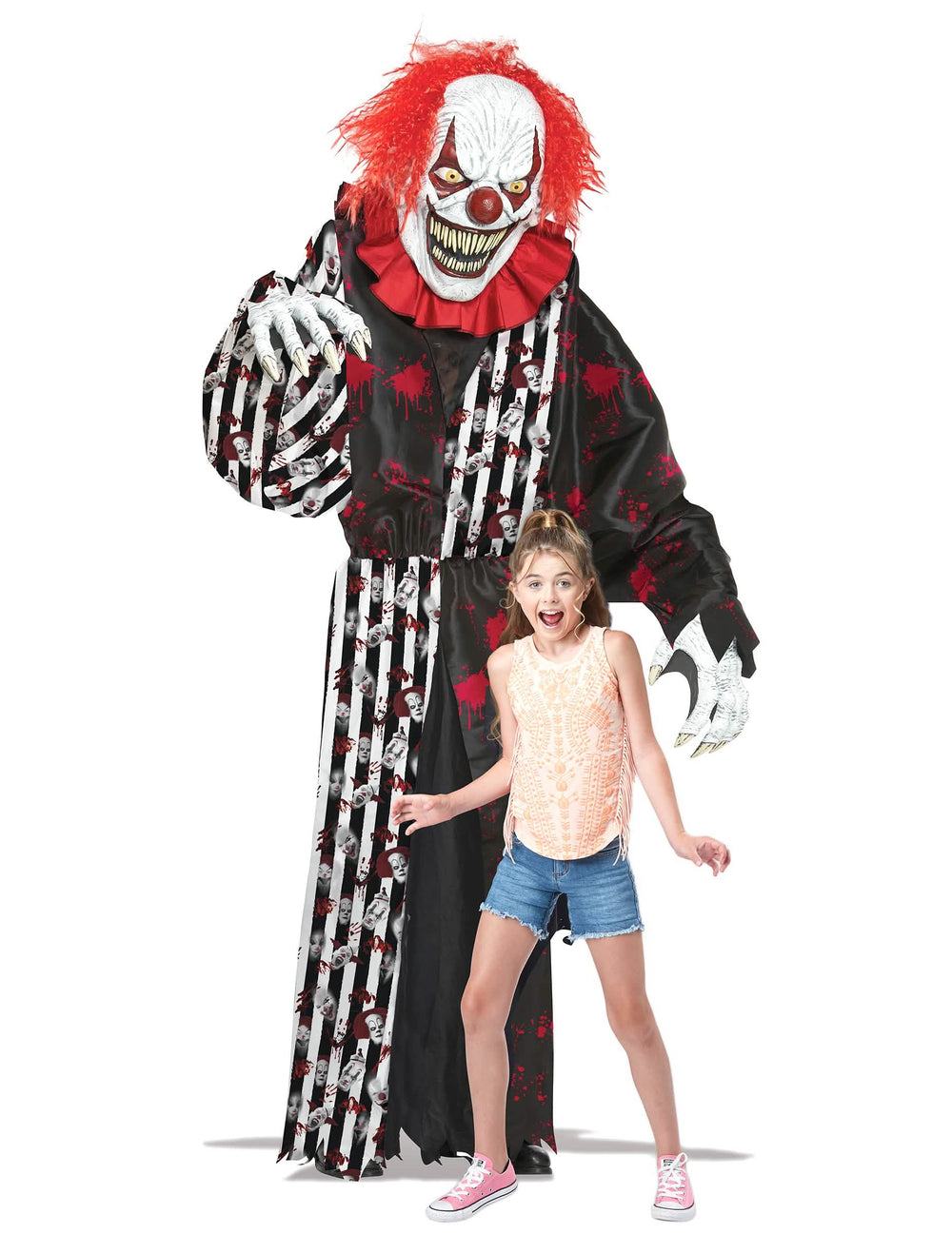 Situatieschets die de grootte van het angstaanjagende gigantische 2-in-1 clownkostuum toont