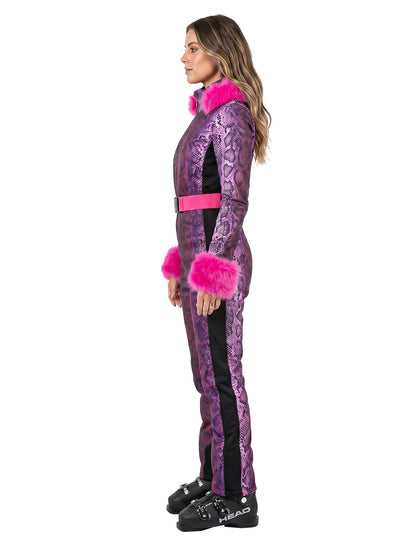 Déguisement combinaison de ski imprimé serpent violet femme