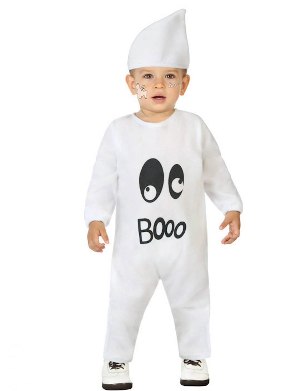 baby’s spookpak in wit met BOoo-opdruk en puntmuts