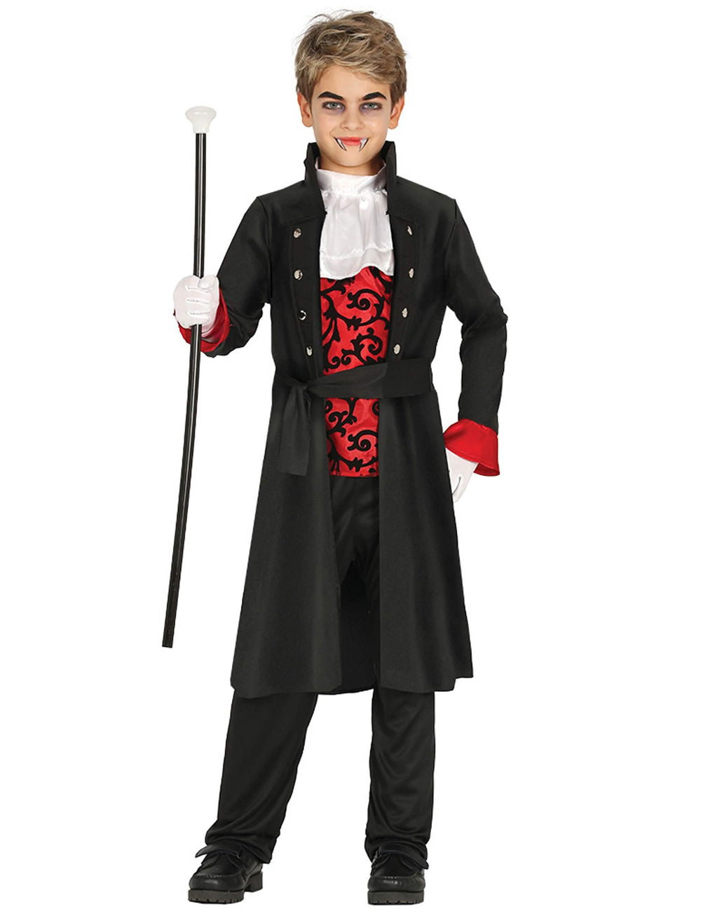 Déguisement comte vampire pour garçon noir et rouge avec gilet à motifs