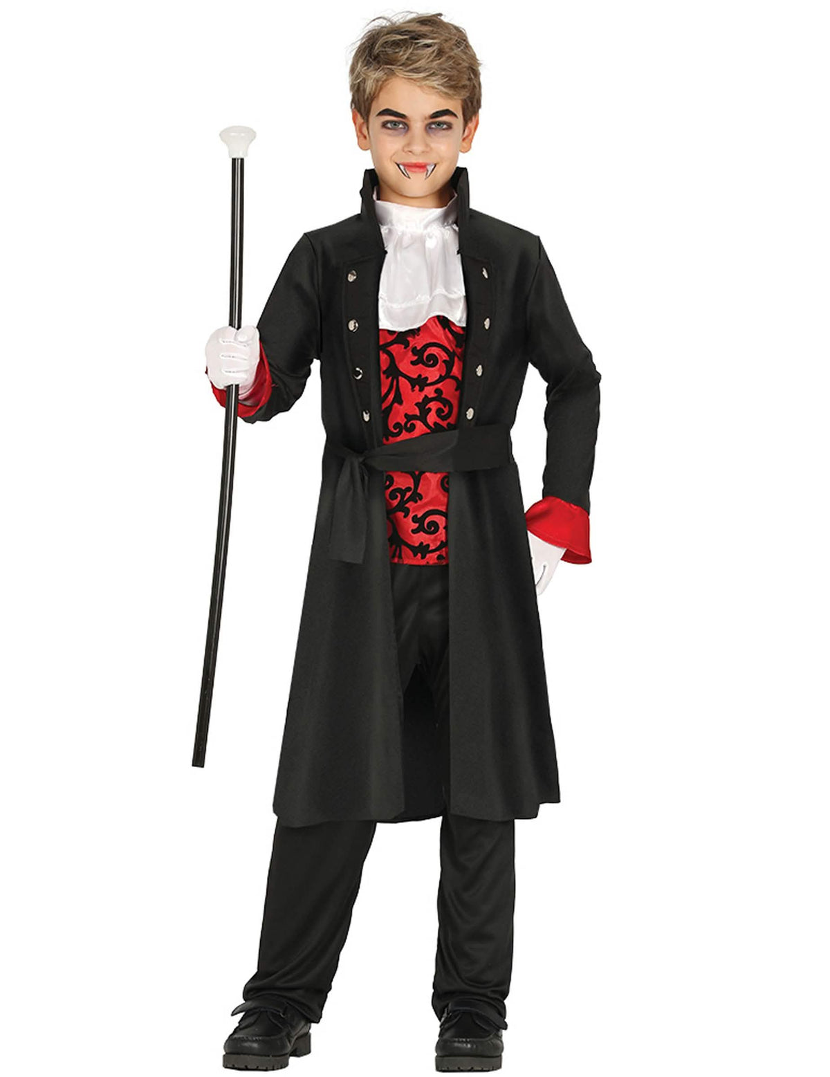 Déguisement comte vampire pour garçon noir et rouge avec gilet à motifs