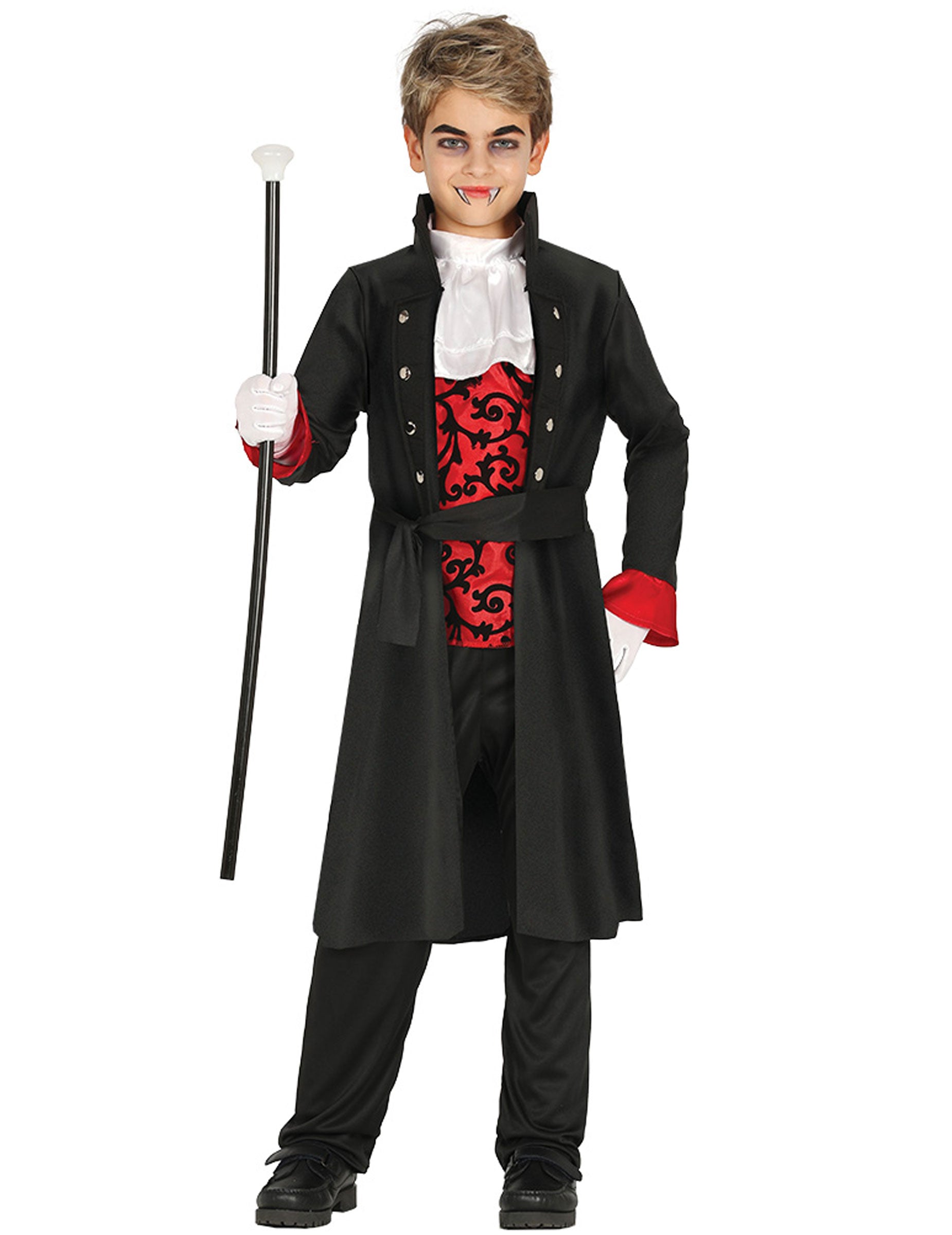 Déguisement comte vampire pour garçon noir et rouge avec gilet à motifs