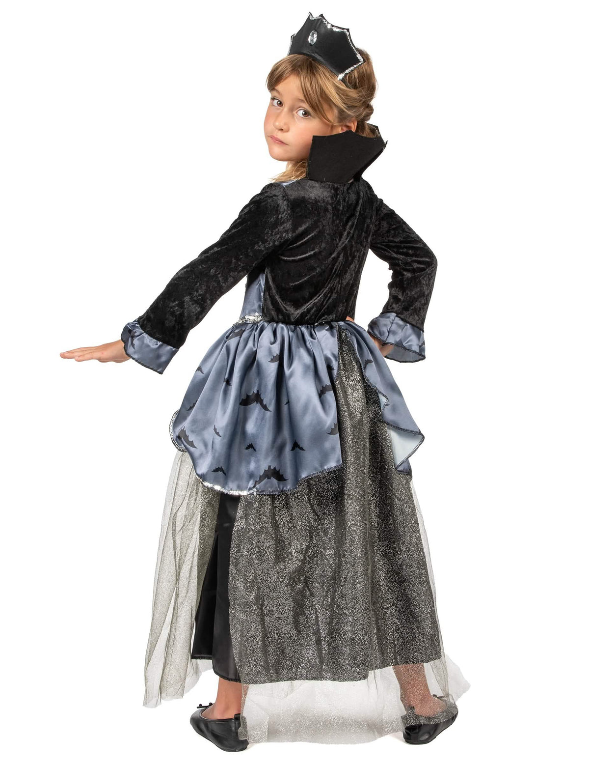 Déguisement de comtesse des chauve-souris pour fille noir et gris avec diadème