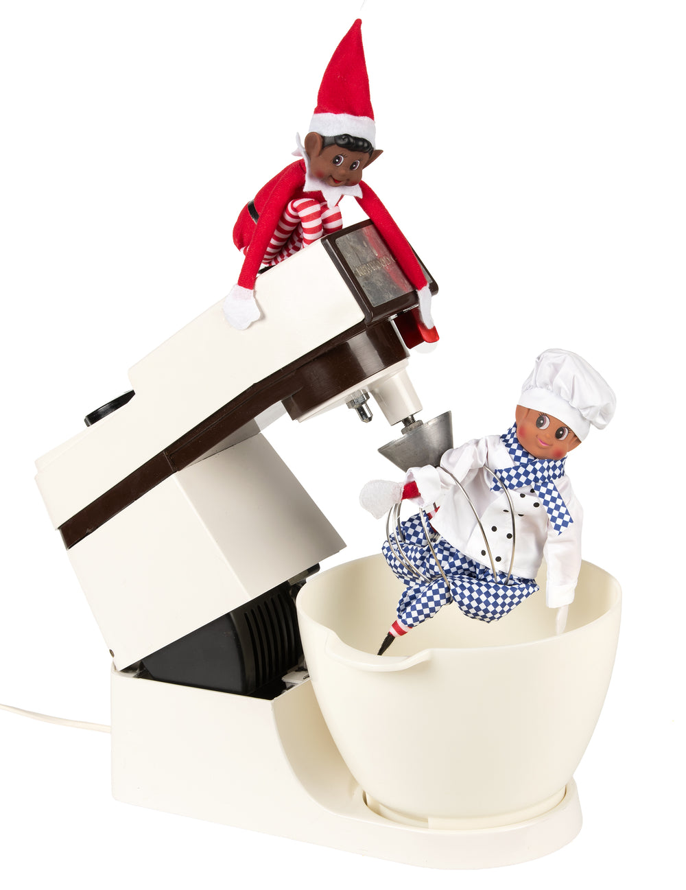 Mise en scène dans un robot pâtissier du déguisement de cuisinier pour poupée lutin farceur