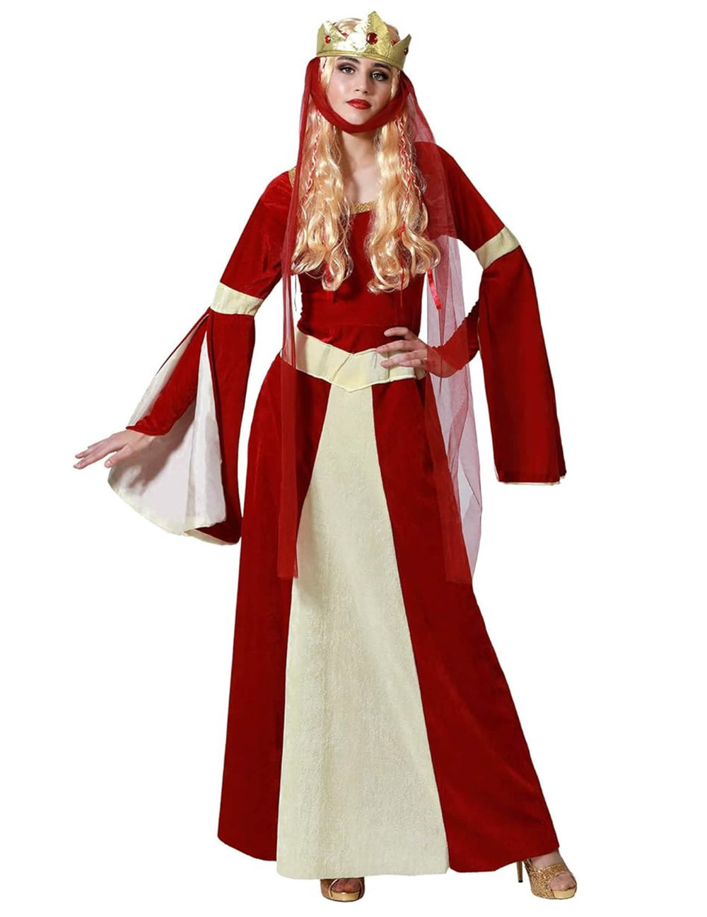 Déguisement dame médiévale pour femme rouge et or avec couronne