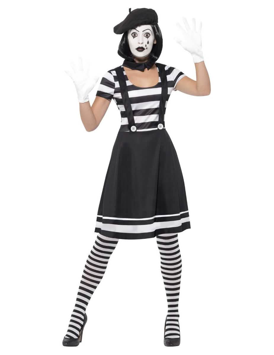 Mime-outfit met schmink voor dames black & white met rok en baret