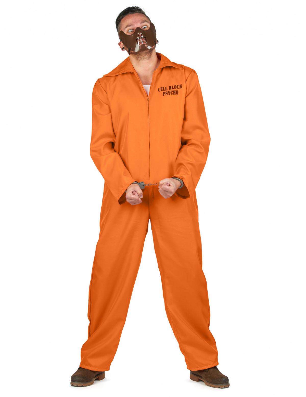 Déguisement de prisonnier cannibale pour homme orange avec masque et menottes
