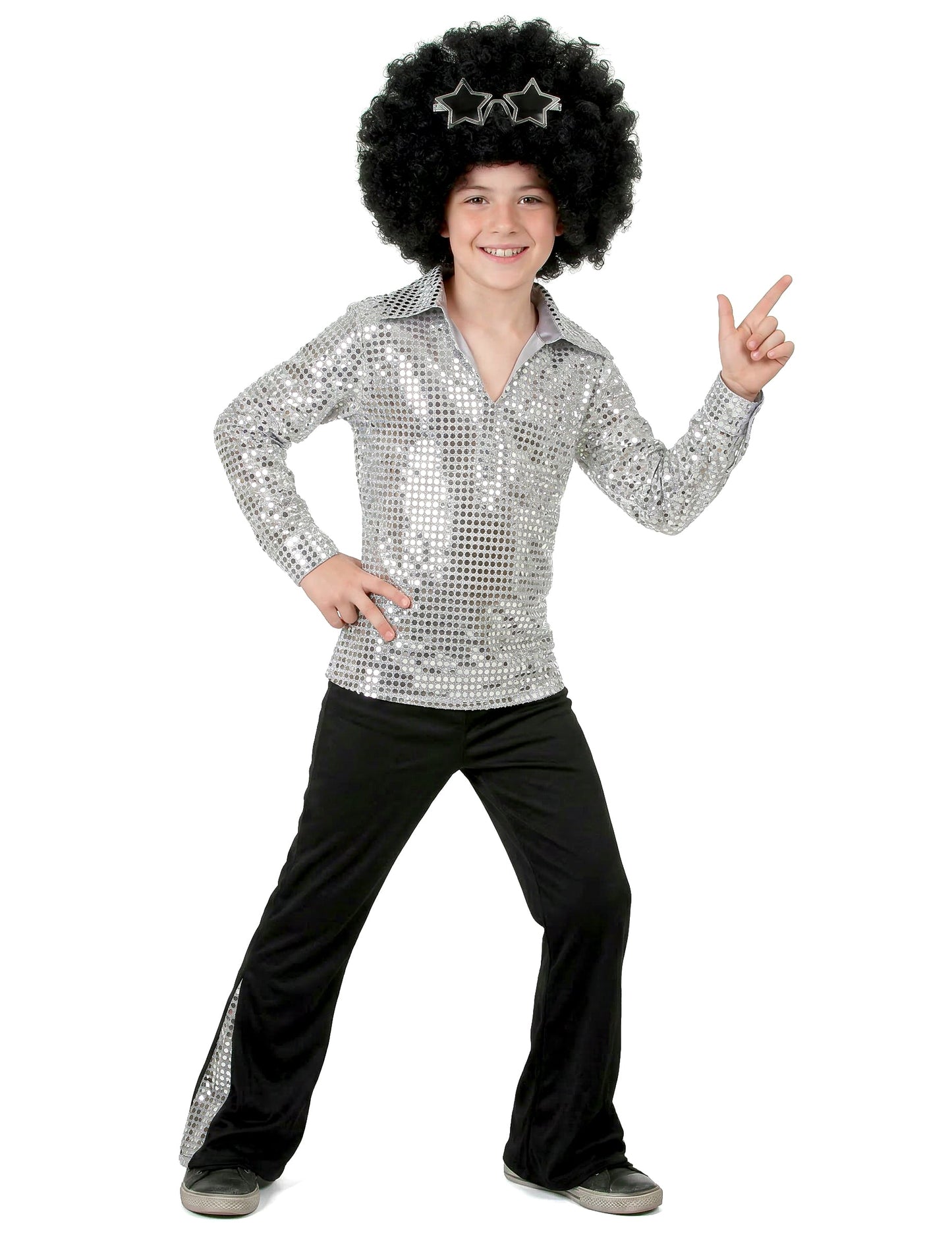 Pose disco du déguisement disco pour garçon argent à sequins