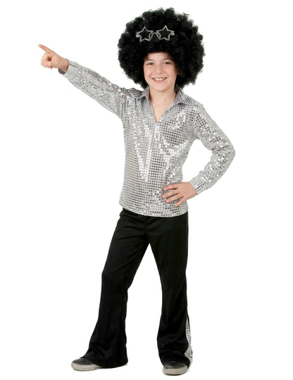 Vue de face du déguisement disco pour garçon argent à sequins