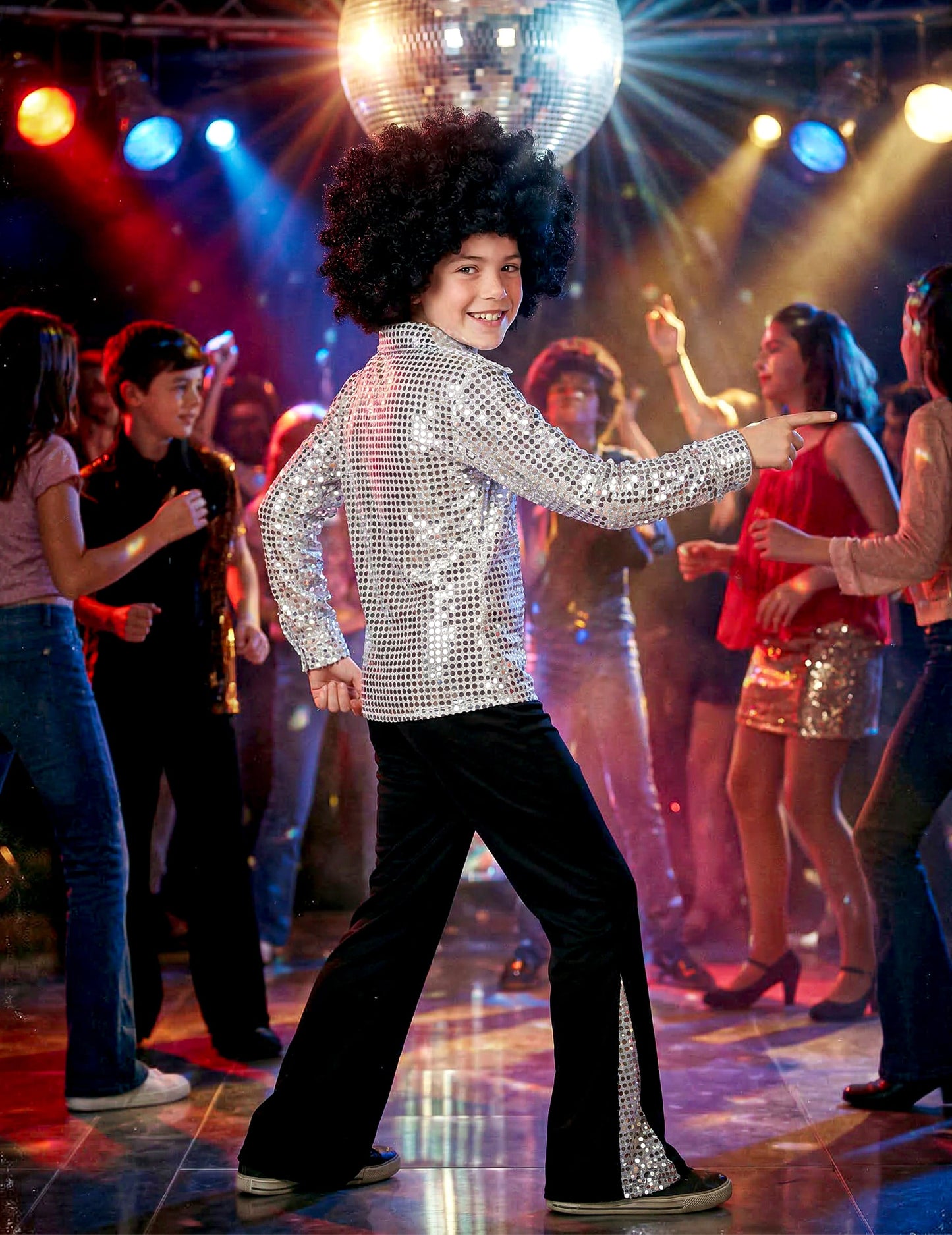 Vue de profil du déguisement disco pour garçon argent à sequins