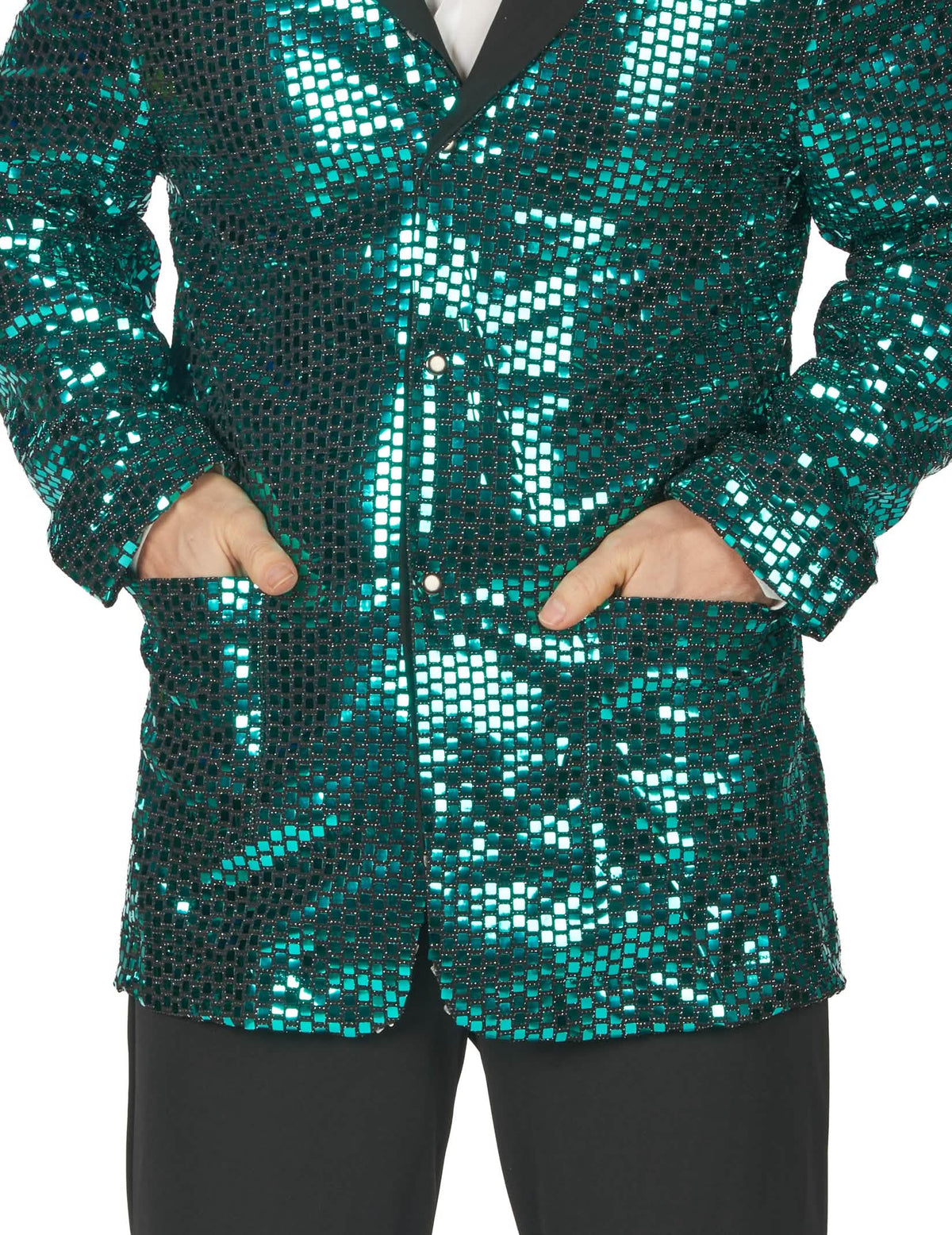 Gros plan sur les paillettes du déguisement disco pour homme
