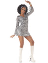 Déguisement Diva Disco pour femme argenté à motifs spirales noires et bandeau