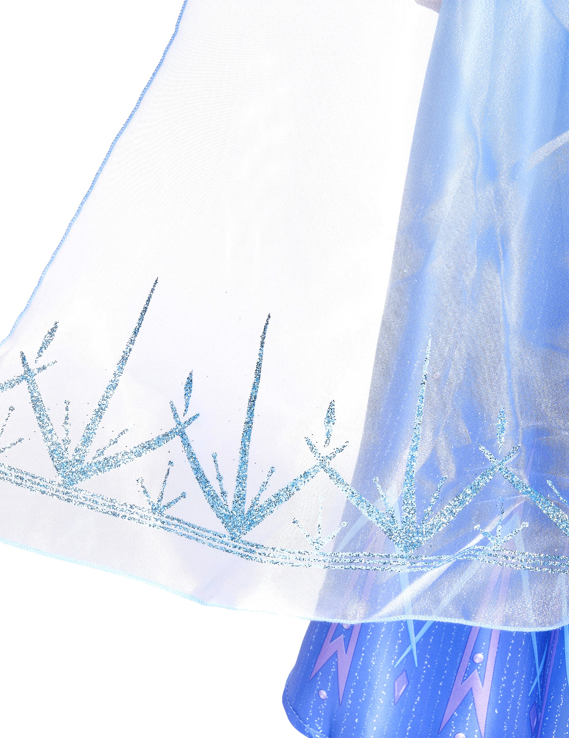 Détail du bas du voile avec motifs pailletés du déguisement Elsa Reine des Neiges 2 deluxe