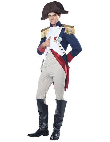 Déguisement empereur Français Napoléon luxe pour homme bleu blanc et rouge avec bicorne et épaulettes dorées