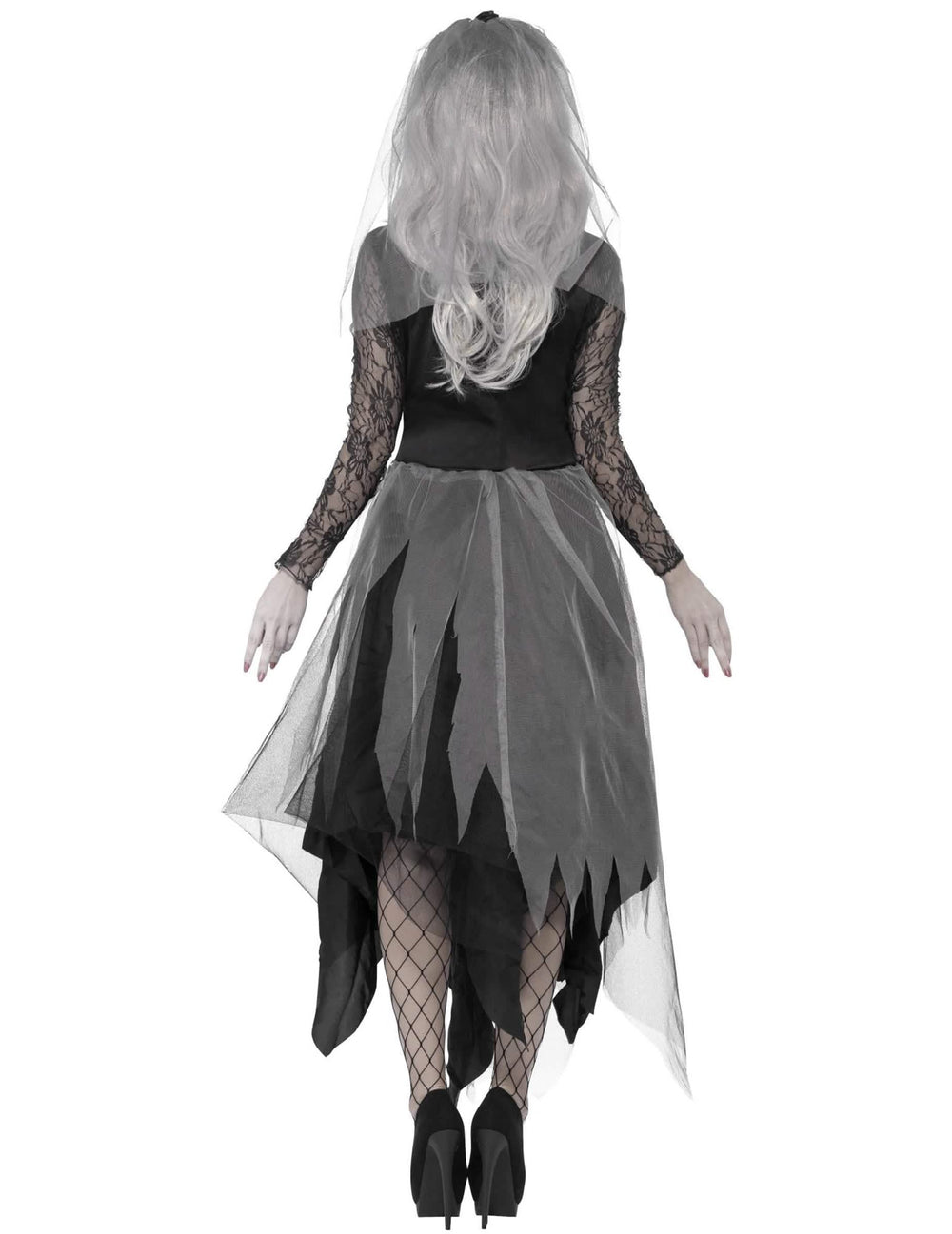 Vue de dos du déguisement fantôme mariée noire pour femme