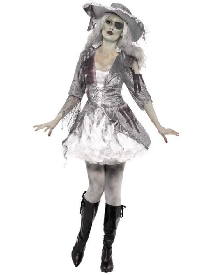 Déguisement de pirate fantôme pour femme gris et blanc effet satiné avec chapeau