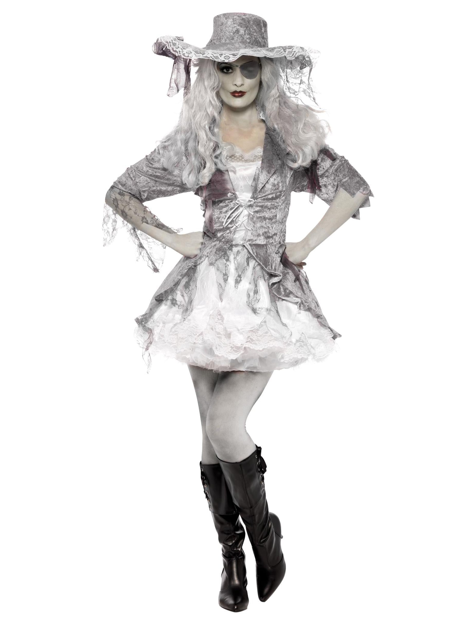 Vue de face du déguisement de pirate fantôme pour femme