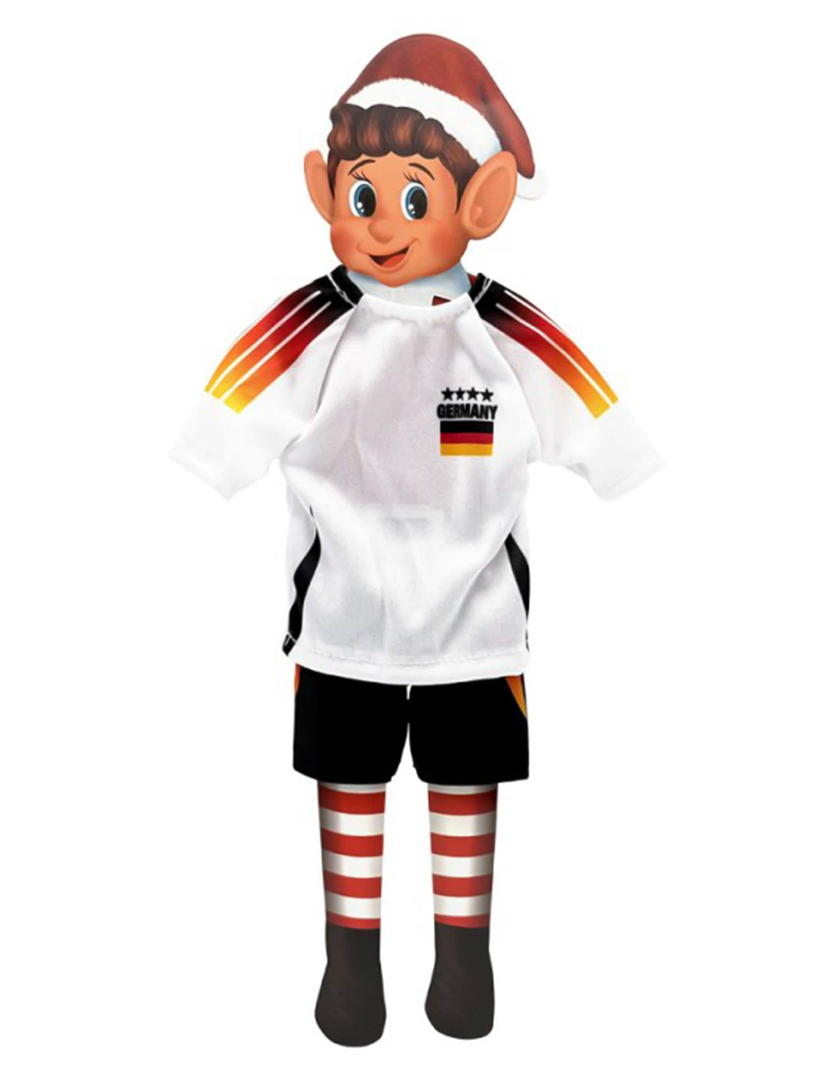 Déguisement footballeur équipe Allemagne pour poupée lutin farceur blanc et noir avec drapeau