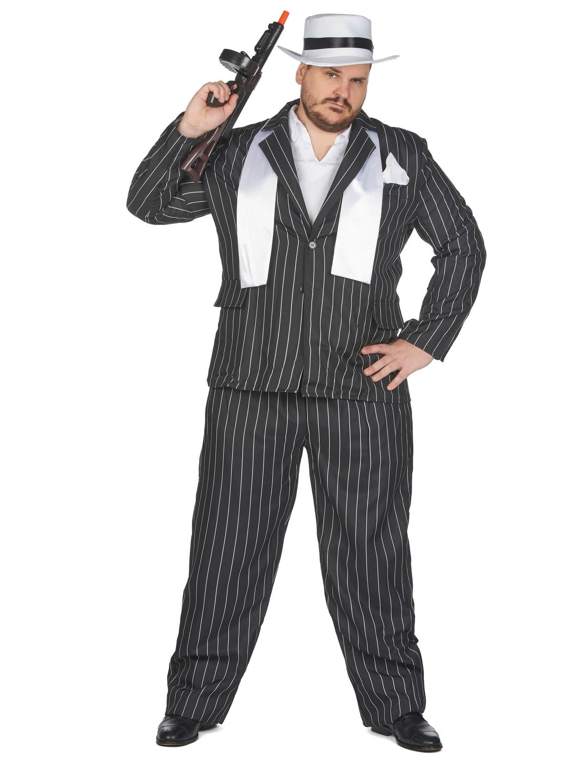 Déguisement de gangster pour homme noir à rayures avec chapeau et écharpe blanche