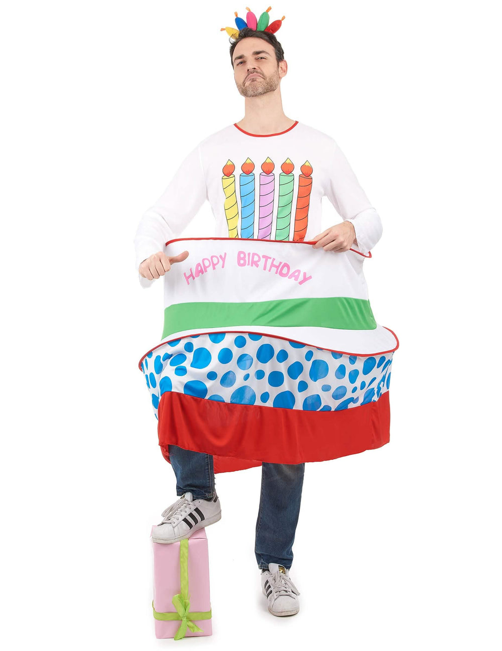 Verjaardagstaartkostuum voor heren wit en multicolor met hoed kaarsjes