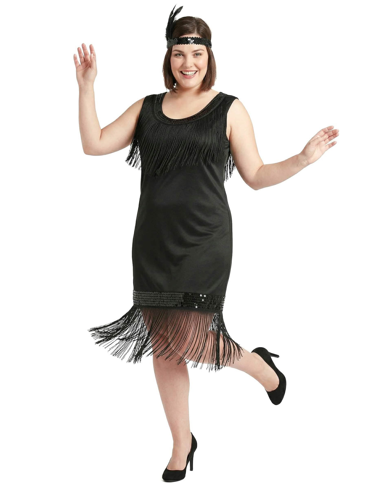 Déguisement robe Charleston pour femme noire avec franges et bandeau