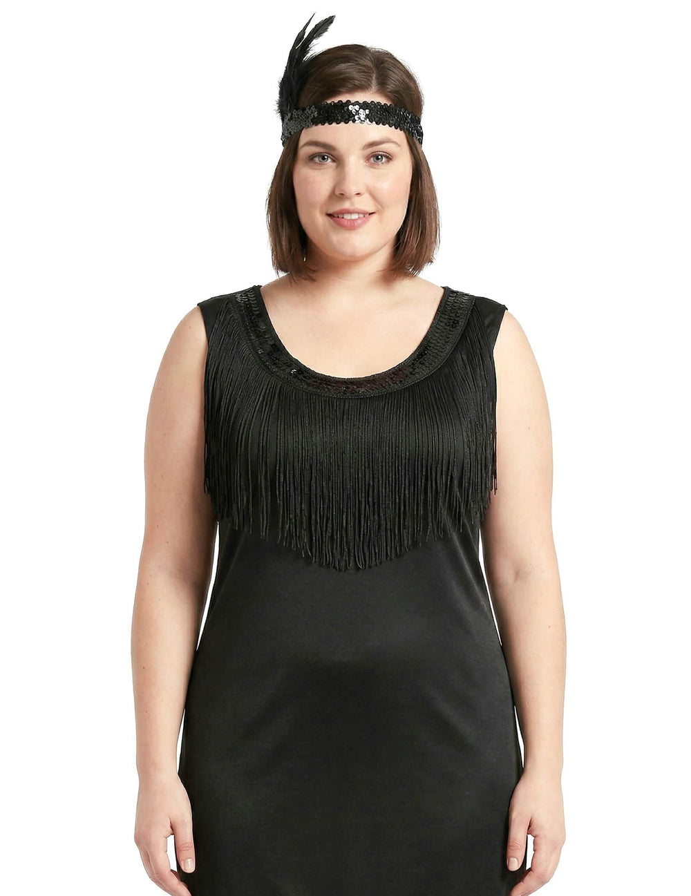 Gros plan sur le bandeau à plume et le buste du déguisement robe Charleston