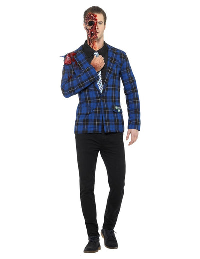 Déguisement de Gustavo Breaking Bad™ pour homme bleu à carreaux avec maquillage de visage brûlé
