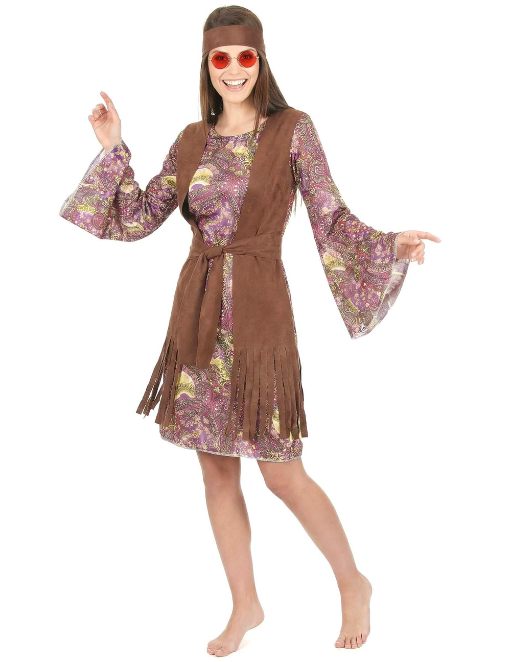 Déguisement hippie motif paisley pour femme marron avec gilet à franges et bandeau