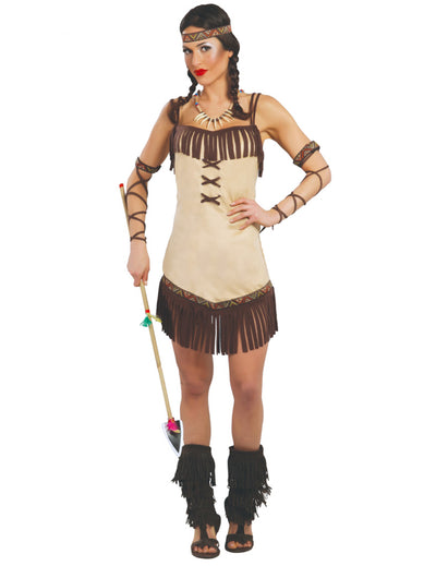 Déguisement indienne miwok pour femme beige et marron à franges