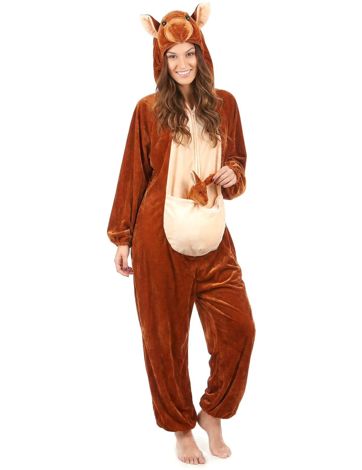 Déguisement de kangourou pour adulte marron avec poche ventrale et peluche