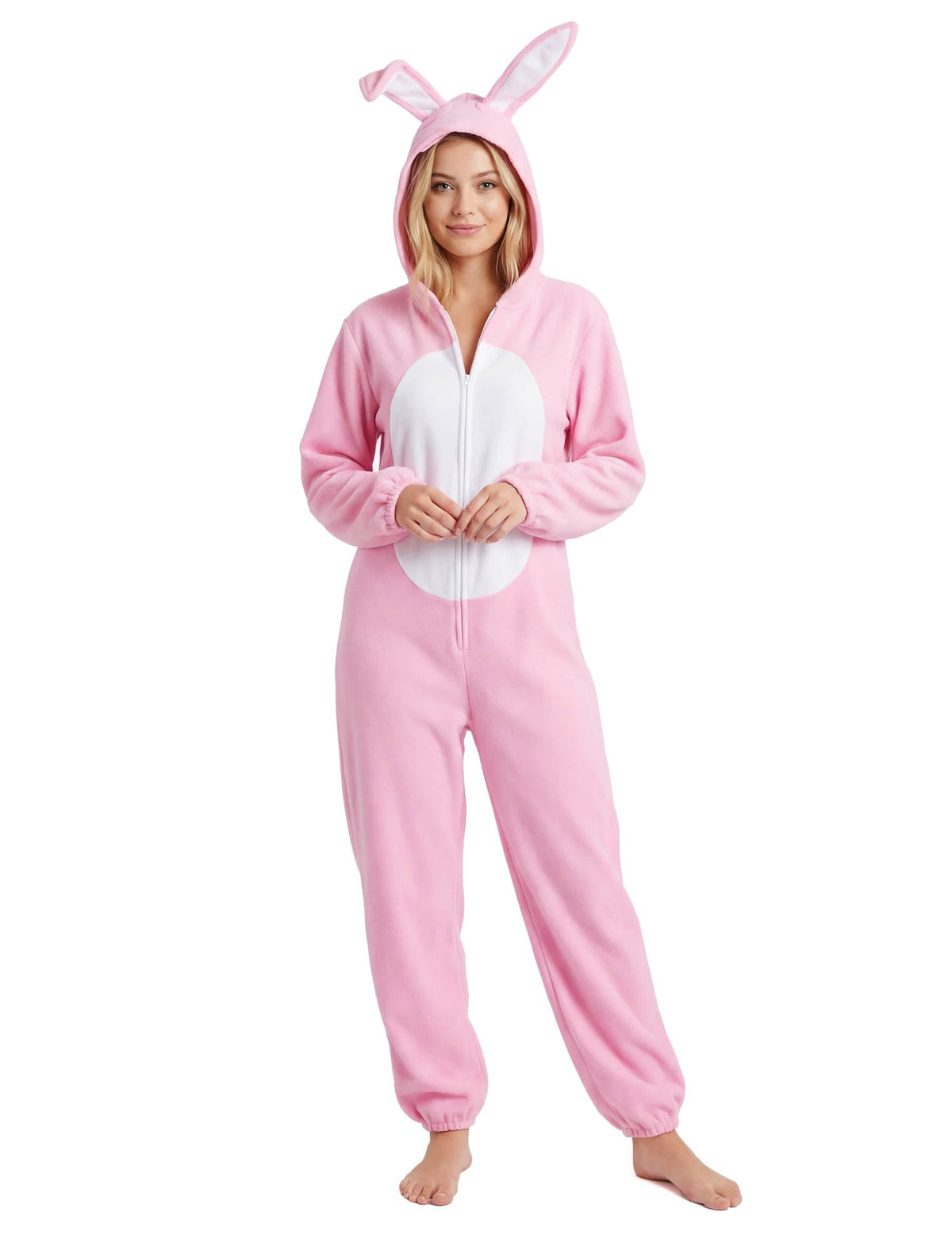 Déguisement de lapin pour femme rose et blanc avec capuche à oreilles