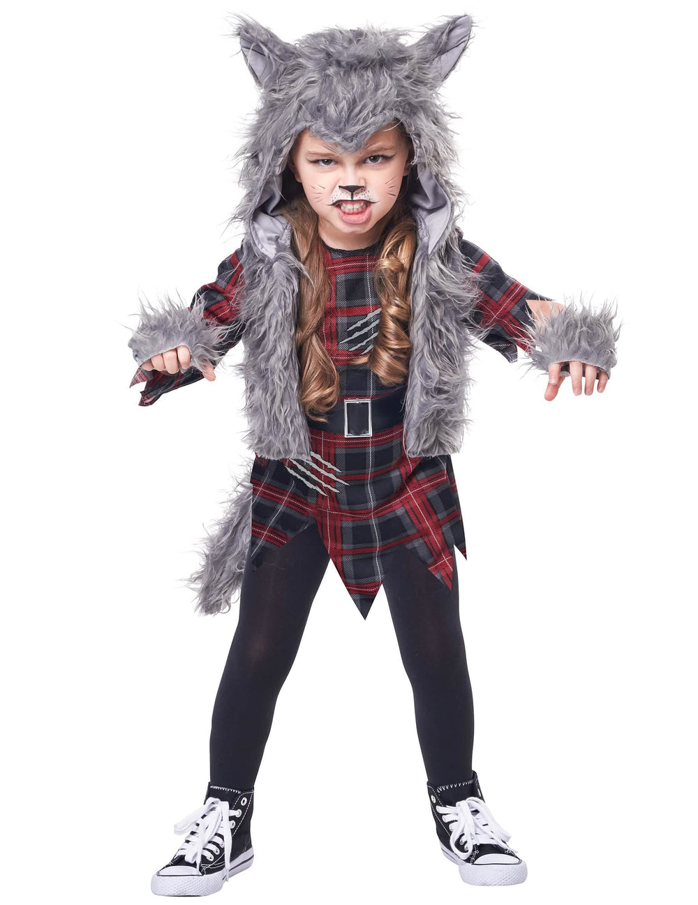 Déguisement loup garou pour fille gris luxe avec robe à carreaux et fausse fourrure