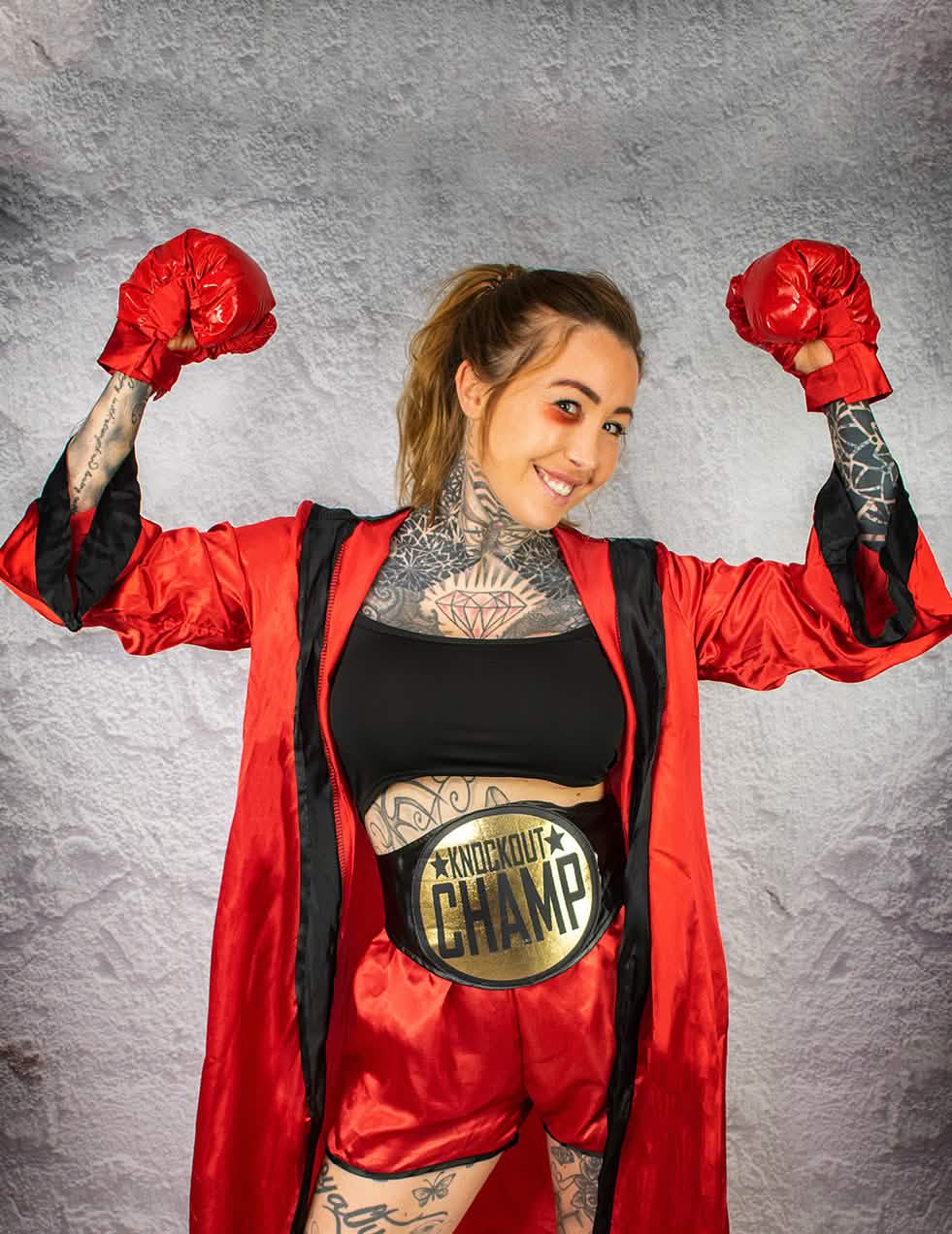 Vue de face du déguisement de boxeuse pour femme rouge