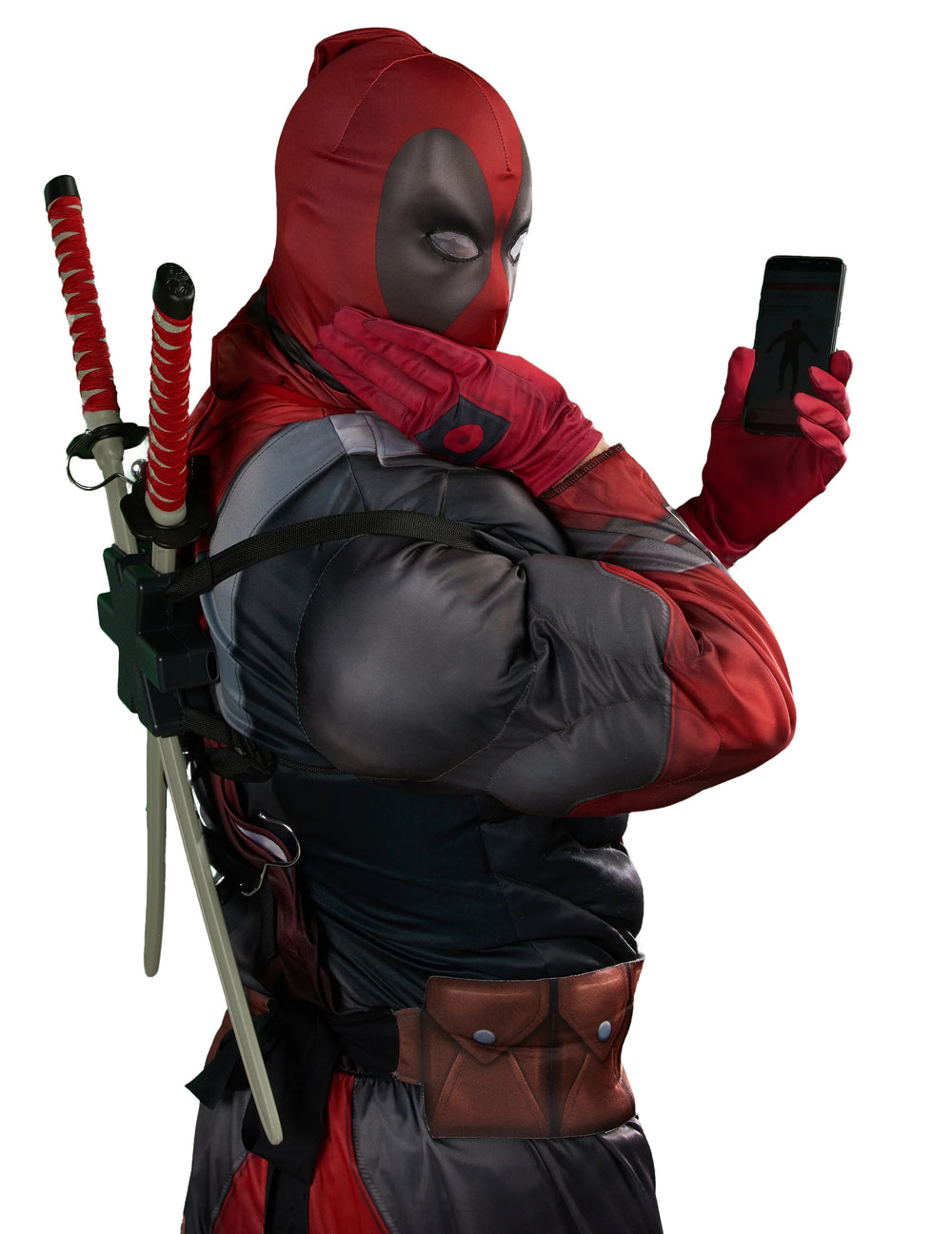 Vue de profil avec katanas du déguisement luxe Deadpool 2™