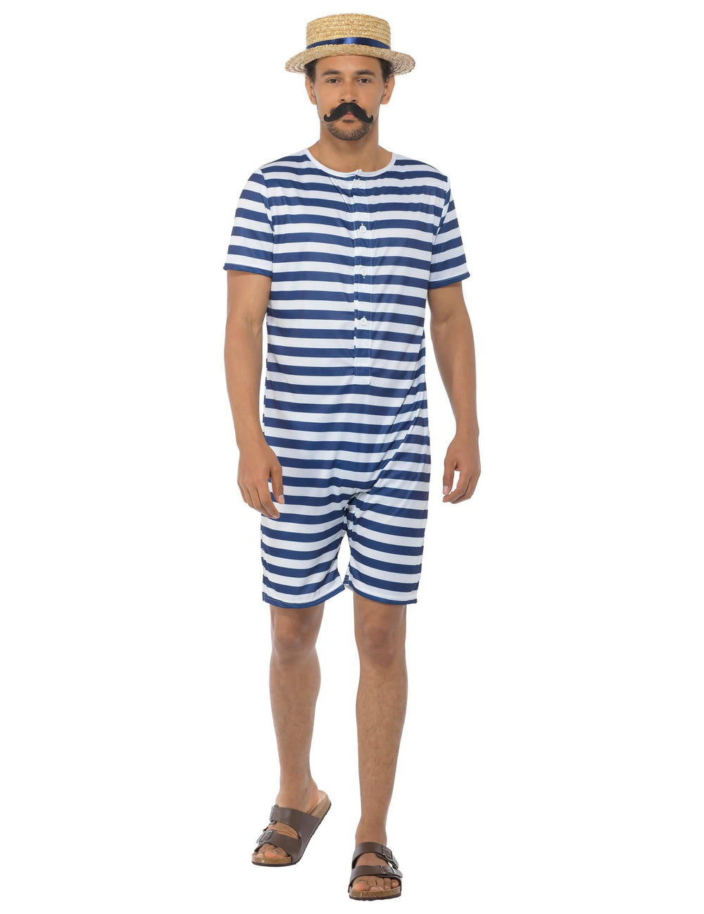 Retro zwempak kostuum voor heren gestreept blauw en wit met hoed en snor