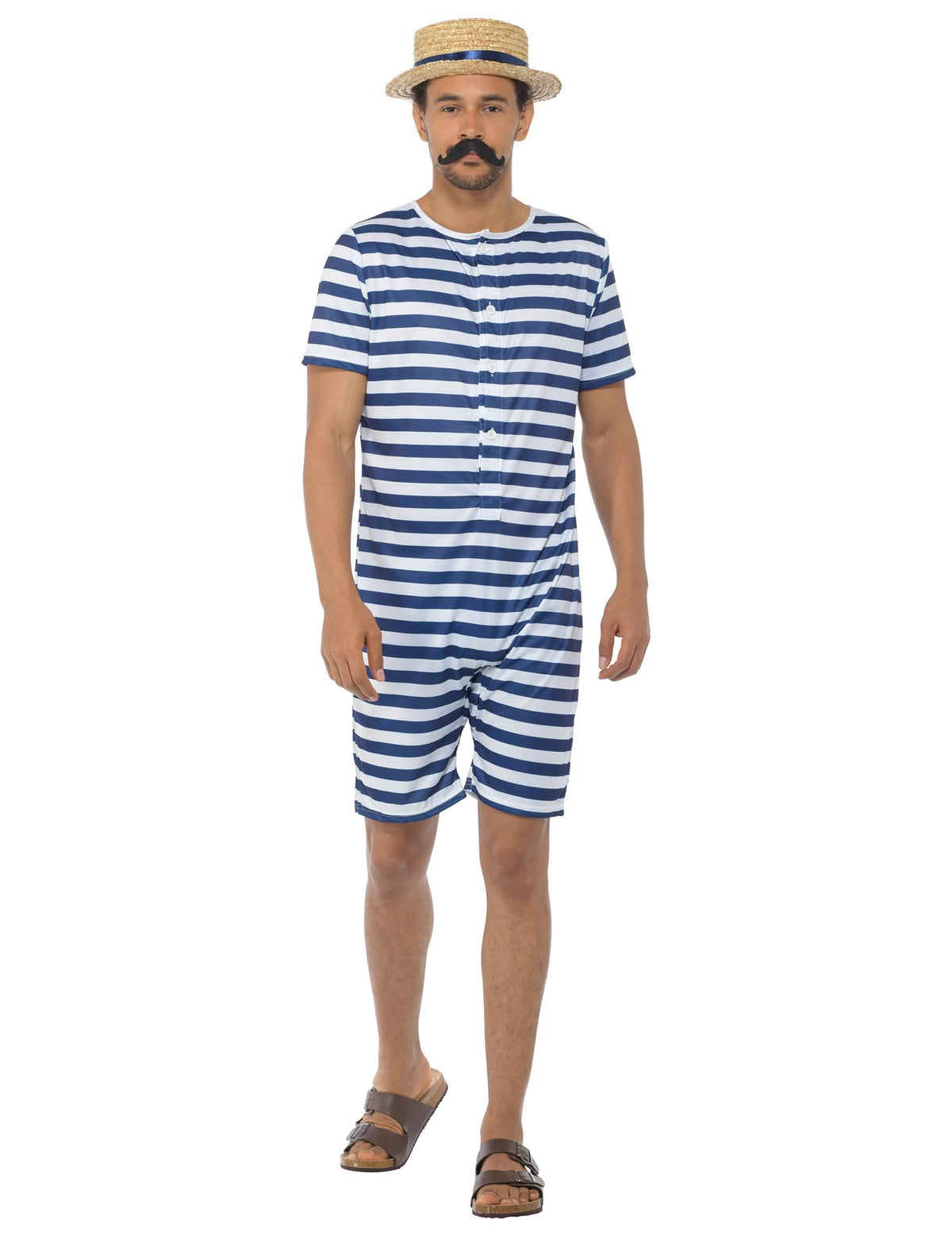 Retro zwempak kostuum voor heren gestreept blauw en wit met hoed en snor